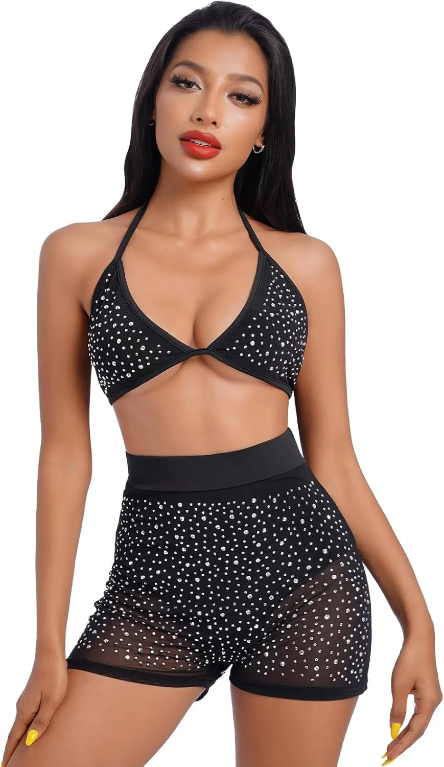 Women Sparkle Rhinestone Mesh Sheer Bikini Sets Halter Bra Top High Waist Shorts Bottom Swimsuits Rave Outfit