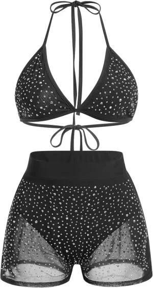 Women Sparkle Rhinestone Mesh Sheer Bikini Sets Halter Bra Top High Waist Shorts Bottom Swimsuits Rave Outfit