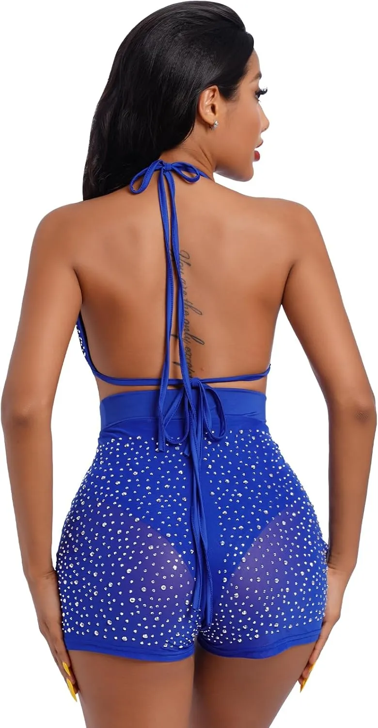 Women Sparkle Rhinestone Mesh Sheer Bikini Sets Halter Bra Top High Waist Shorts Bottom Swimsuits Rave Outfit