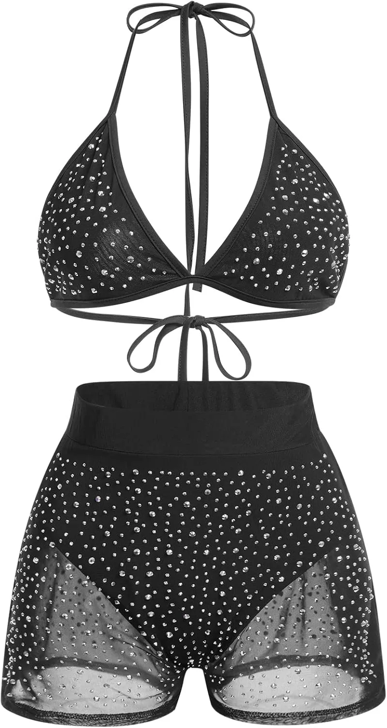Women Sparkle Rhinestone Mesh Sheer Bikini Sets Halter Bra Top High Waist Shorts Bottom Swimsuits Rave Outfit