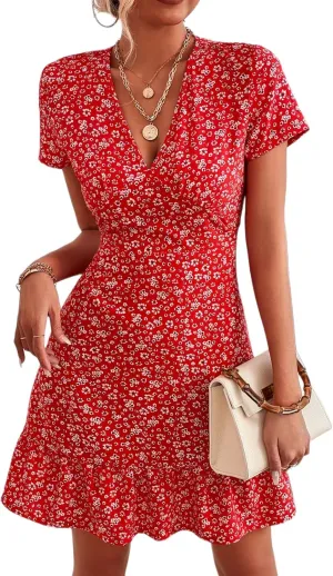 Women Summer Dresses Floral V-Neck Ruffle Hem Dress Short Sleeve Wrap Mini Dress Party Elegant Vintage A Line Dress