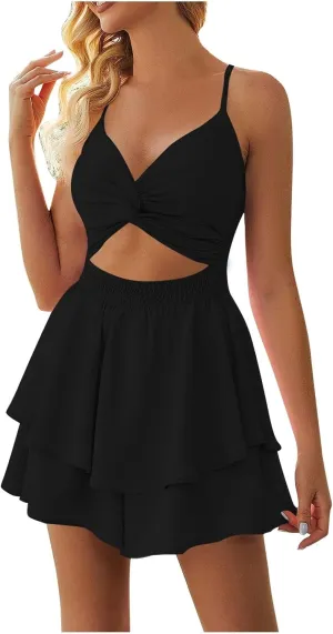 Women Summer Spaghetti Strap Dress Sexy Casual Double Layer Ruffle V Neck Cutout Dresses Beach Cocktail Party Mini Dresses
