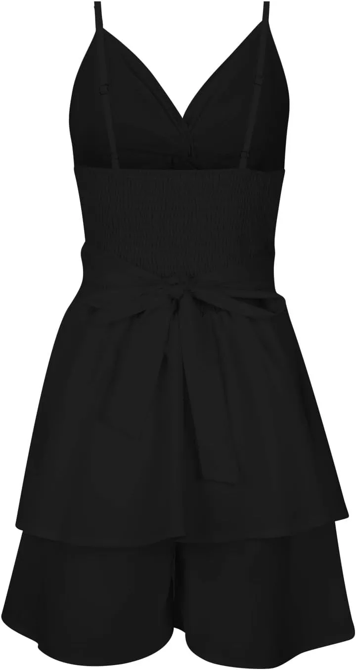 Women Summer Spaghetti Strap Dress Sexy Casual Double Layer Ruffle V Neck Cutout Dresses Beach Cocktail Party Mini Dresses