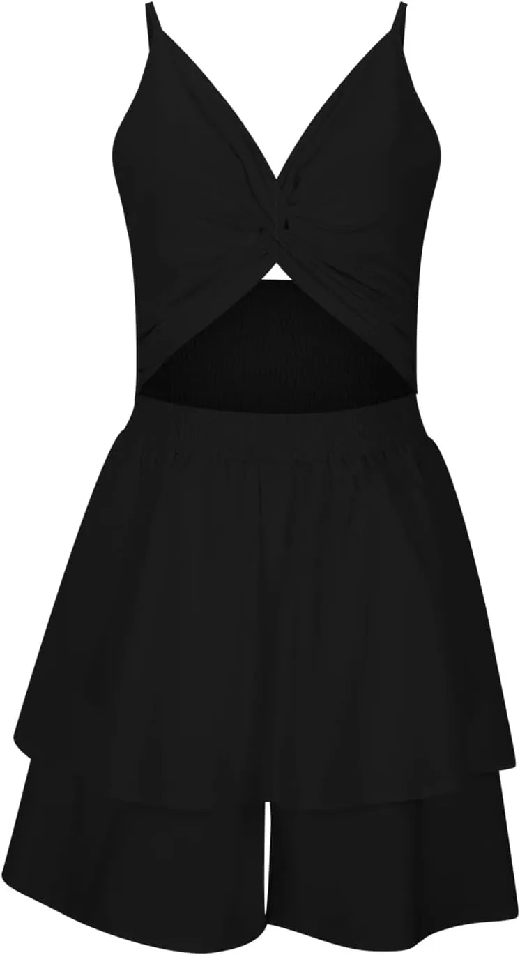 Women Summer Spaghetti Strap Dress Sexy Casual Double Layer Ruffle V Neck Cutout Dresses Beach Cocktail Party Mini Dresses