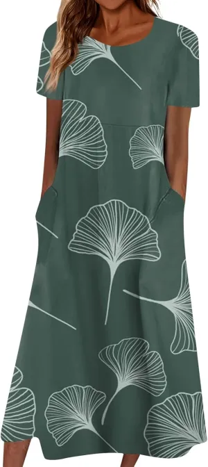Womens 2024 Fashion Casual Plus Size O Neck Basic Dresses Short Sleeve Flowy Print Summer Dress with Pockets
