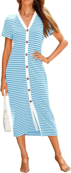 Womens Button Striped Dresses V Neck Short Sleeve Maxi Dress Casual Summer Fashion Ribbed Knit Party Dresses 2025