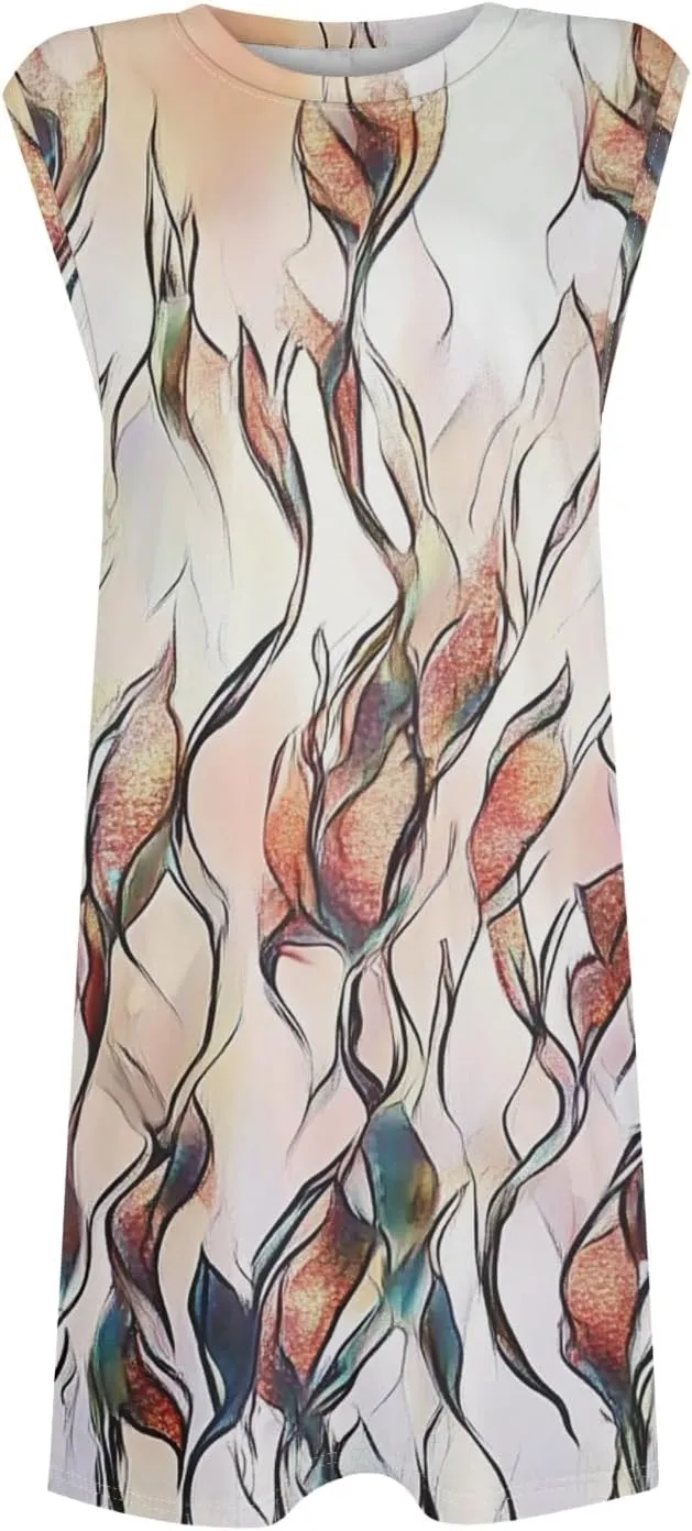 Womens Casual Loose Beach Pockets Dress Printed Crew Neck Sleeveless Sundress Vacation 2025 Summer Mini Dresses