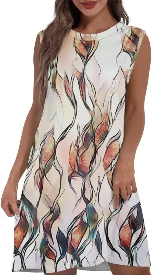 Womens Casual Loose Beach Pockets Dress Printed Crew Neck Sleeveless Sundress Vacation 2025 Summer Mini Dresses
