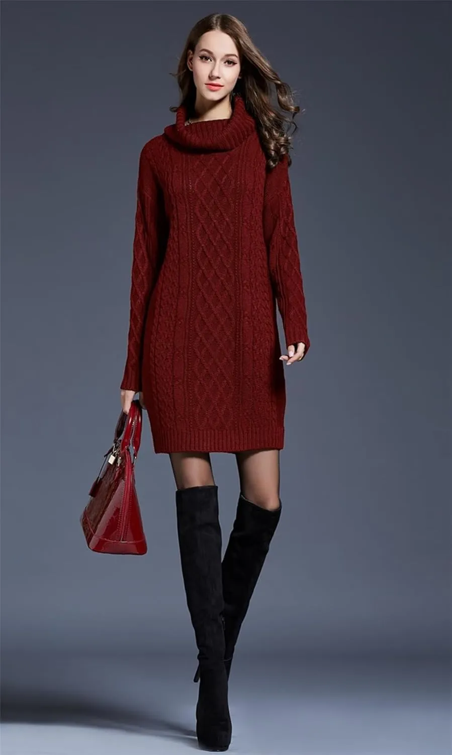 Women's Casual Winter Dress - Trendy Long Sleeve Turtle Neck Knit Maxi Christmas Dress - Warm Plus Size