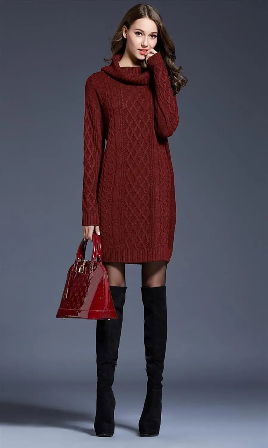 Women's Casual Winter Dress - Trendy Long Sleeve Turtle Neck Knit Maxi Christmas Dress - Warm Plus Size