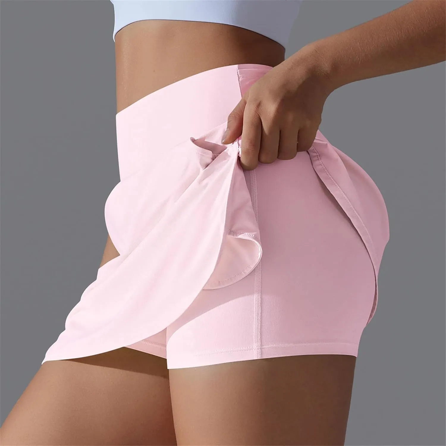 Womens Fake Two-Piece Athletic Tennis Skorts Elastic High Waist Cool Sun Protection Yoga Fitness Sports Skirts Shorts