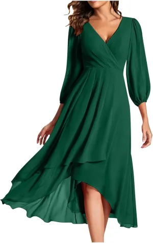 Women's Fall Winter Chiffon V Neck Long Sleeves Pleated Dress A-Line Wedding Guest Flowy High Low Evening Party Gown