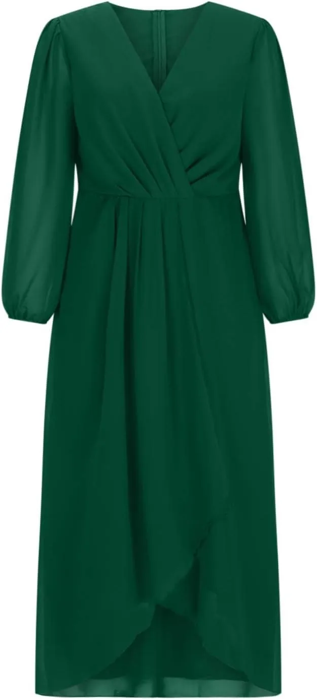 Women's Fall Winter Chiffon V Neck Long Sleeves Pleated Dress A-Line Wedding Guest Flowy High Low Evening Party Gown