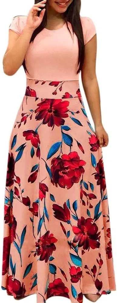Womens Fashion Casual Floral Printed Maxi Dress Short Sleeve Party Long Max Dress
