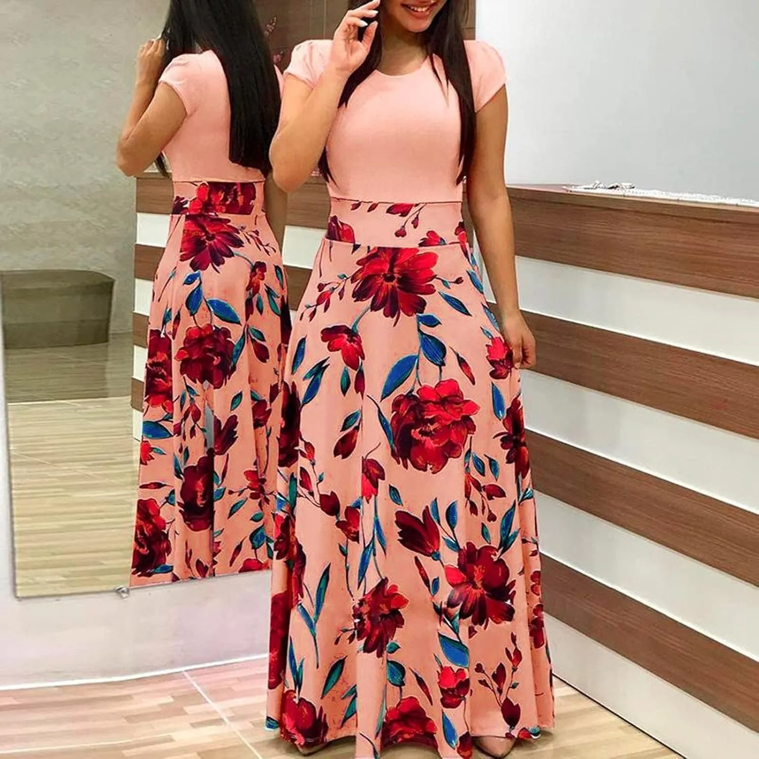 Womens Fashion Casual Floral Printed Maxi Dress Short Sleeve Party Long Max Dress