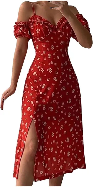 Women's Floral Midi Dress Summer Slim Beach Sundress Halter Bottom Split Long Skirts Vacation Flowy Dresses