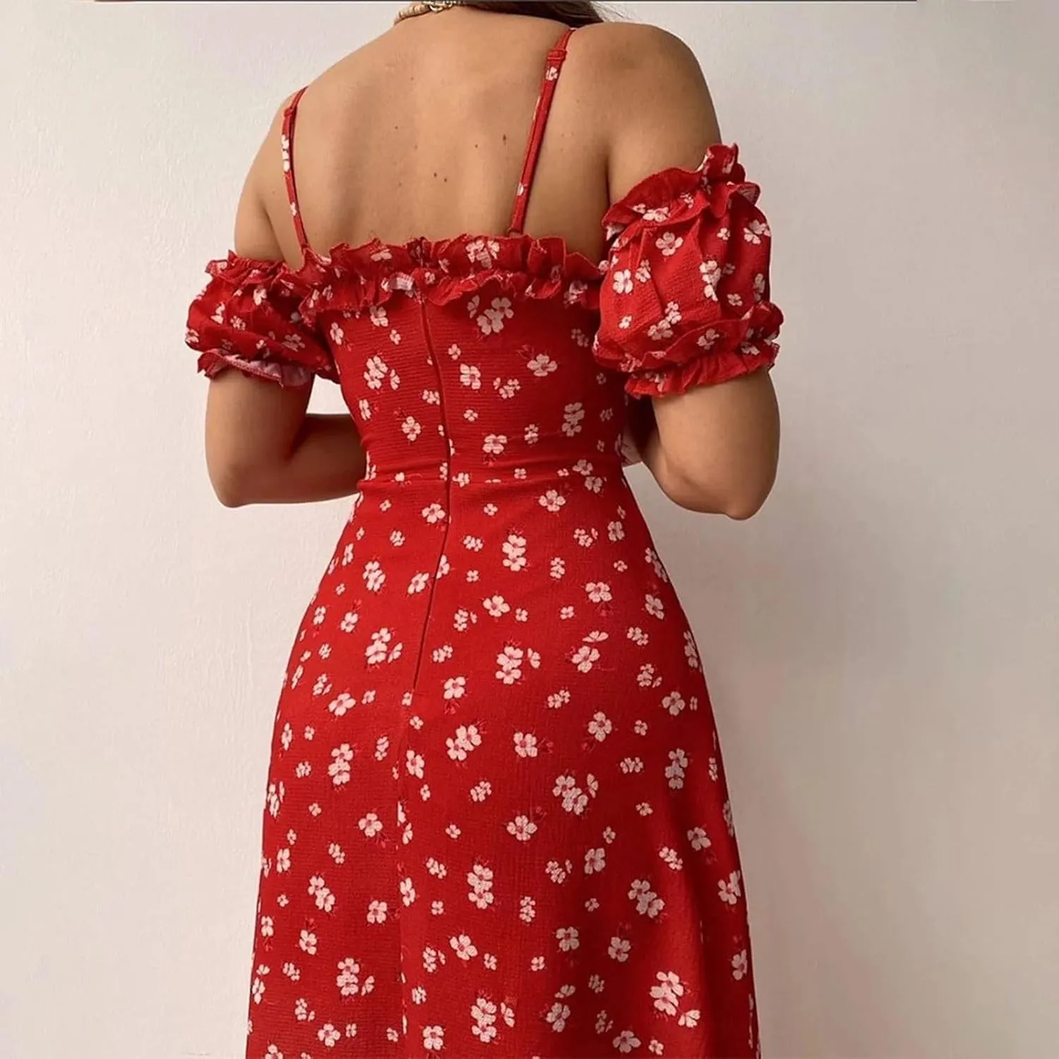 Women's Floral Midi Dress Summer Slim Beach Sundress Halter Bottom Split Long Skirts Vacation Flowy Dresses