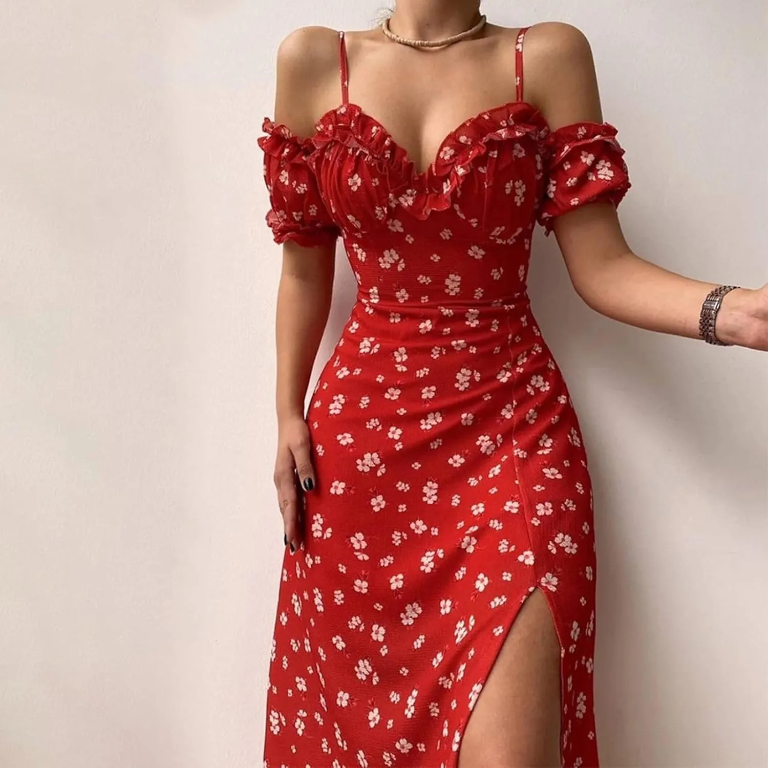 Women's Floral Midi Dress Summer Slim Beach Sundress Halter Bottom Split Long Skirts Vacation Flowy Dresses