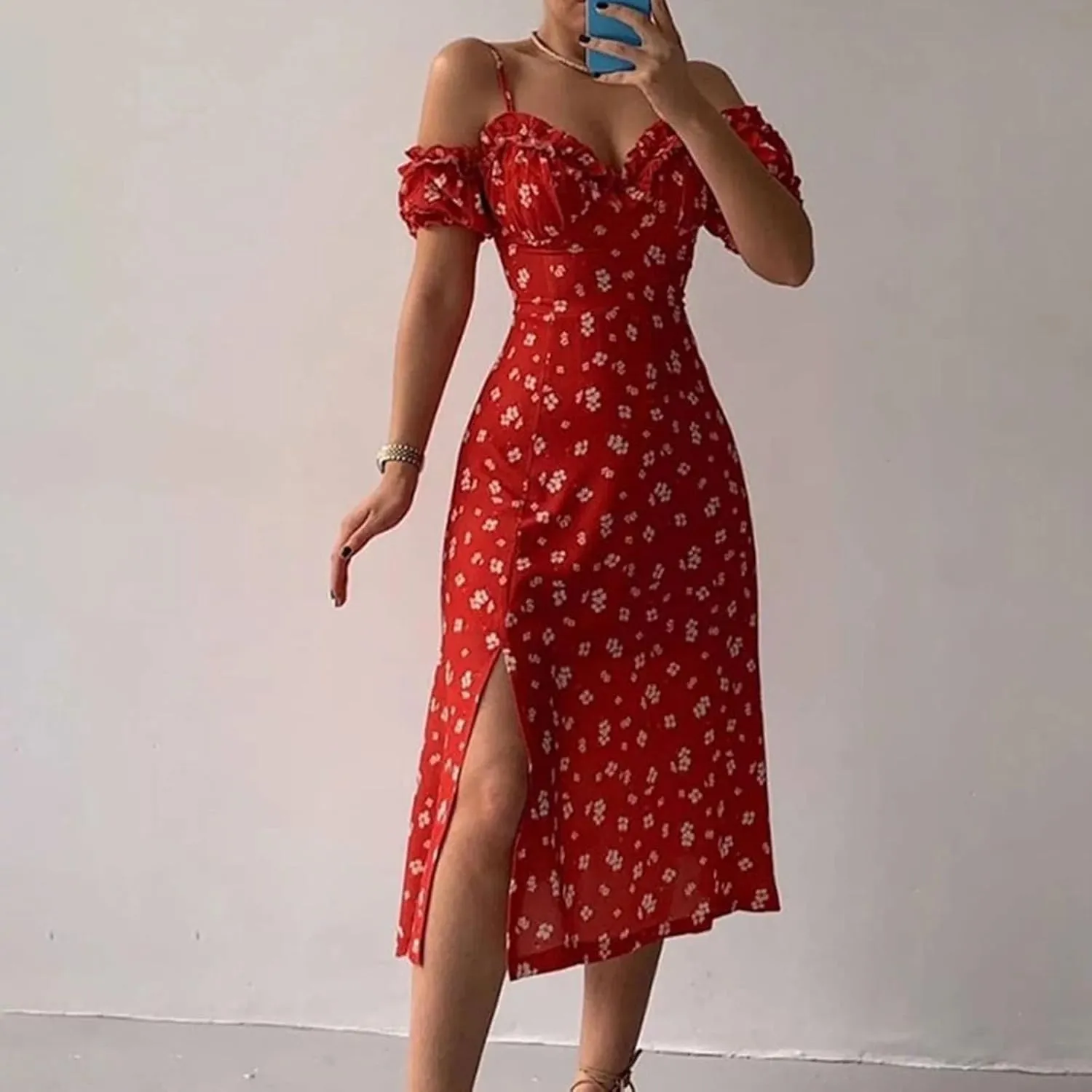 Women's Floral Midi Dress Summer Slim Beach Sundress Halter Bottom Split Long Skirts Vacation Flowy Dresses