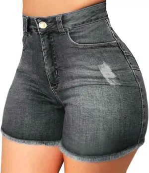 Womens High Waisted Skinny Stretchy Denim Shorts Frayed Raw Hem Casual Jean Shorts with Button Pockets