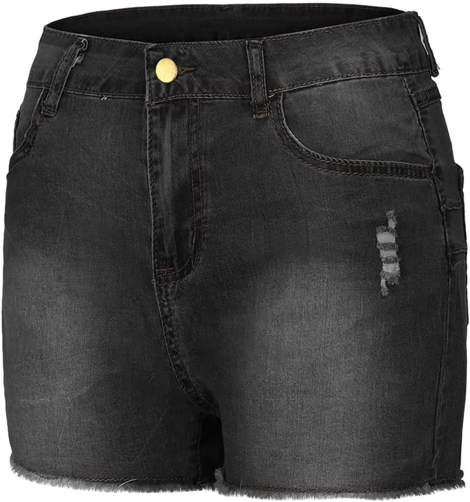 Womens High Waisted Skinny Stretchy Denim Shorts Frayed Raw Hem Casual Jean Shorts with Button Pockets