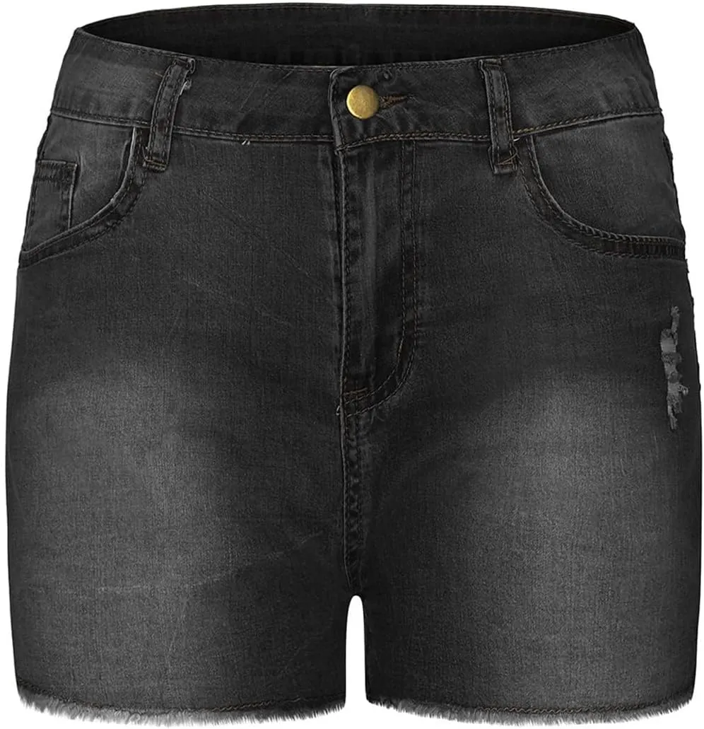 Womens High Waisted Skinny Stretchy Denim Shorts Frayed Raw Hem Casual Jean Shorts with Button Pockets