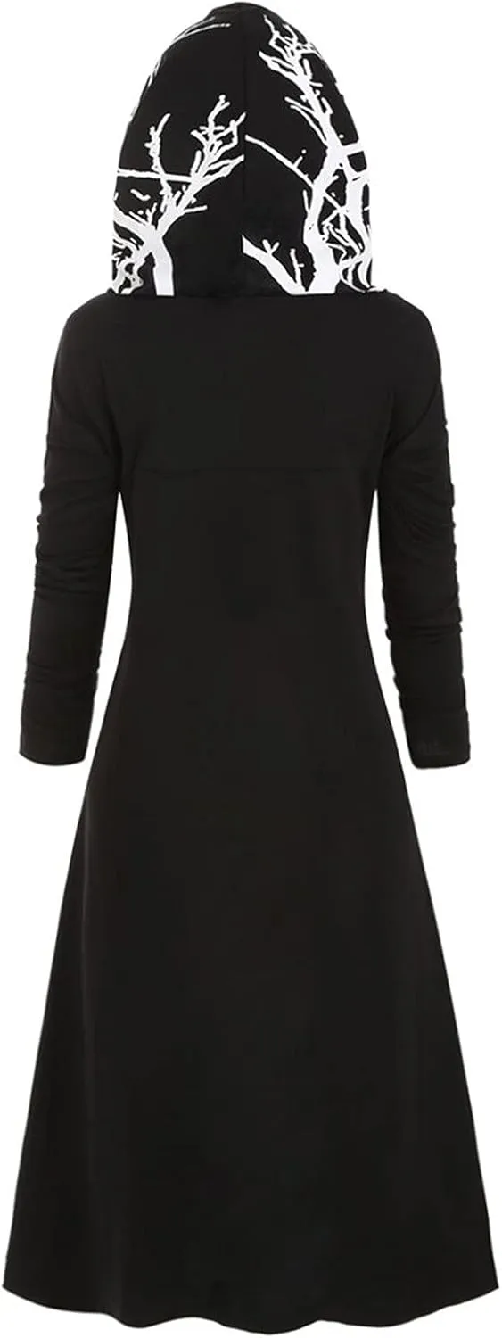 Womens Hoodies Cloak Halloween Vintage Printed Punk Style Long Sleeve Plus Size Hooded Blouse Midi Shirts Dress