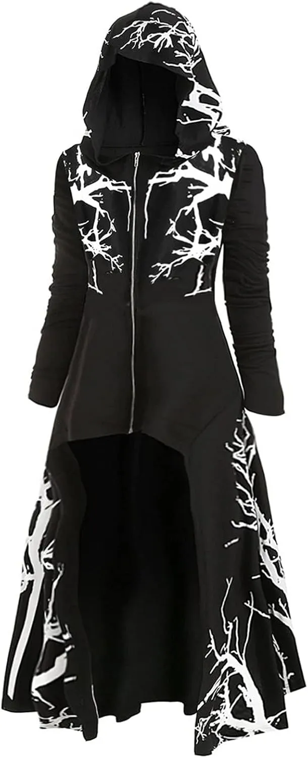 Womens Hoodies Cloak Halloween Vintage Printed Punk Style Long Sleeve Plus Size Hooded Blouse Midi Shirts Dress