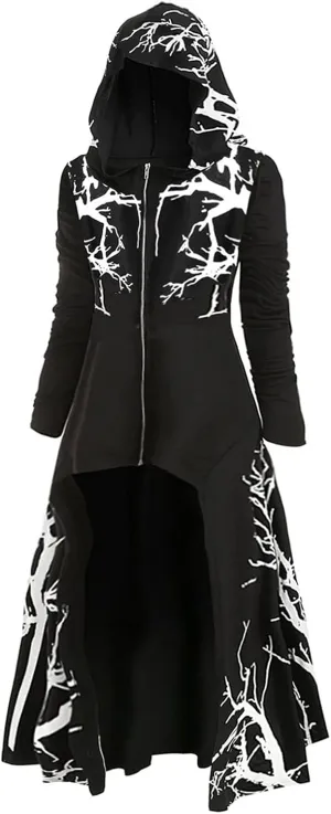 Womens Hoodies Cloak Halloween Vintage Printed Punk Style Long Sleeve Plus Size Hooded Blouse Midi Shirts Dress
