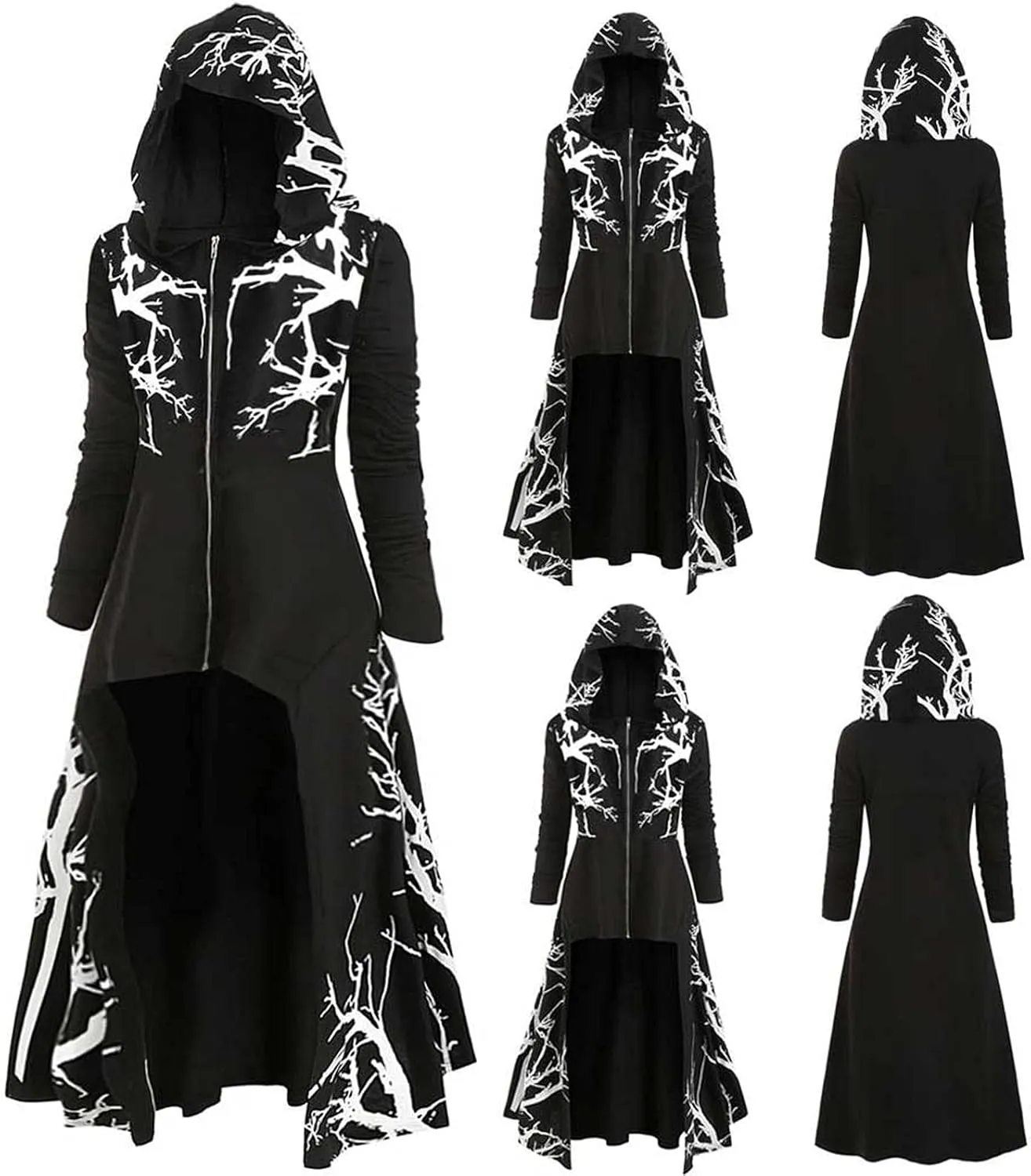 Womens Hoodies Cloak Halloween Vintage Printed Punk Style Long Sleeve Plus Size Hooded Blouse Midi Shirts Dress