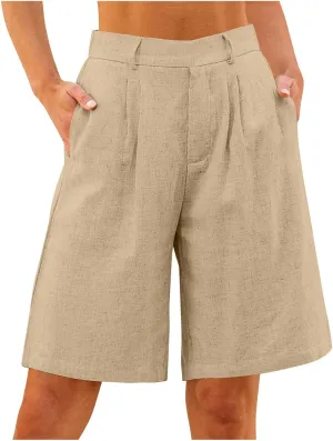 Women's Linen Shorts Summer Elastic High Waisted Wide Leg Bermuda Shorts Casual Loose Solid Color Jogger Short Pants