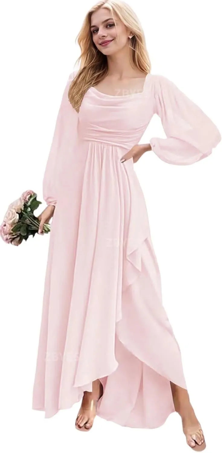 Women's Long Sleeve Bridesmaid Dress for Wedding Chiffon Cowl Neck Ruffle Prom Dress High Low Evening Gowns with Slit
