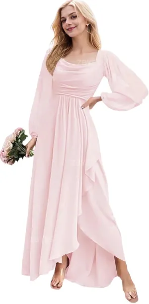 Women's Long Sleeve Bridesmaid Dress for Wedding Chiffon Cowl Neck Ruffle Prom Dress High Low Evening Gowns with Slit