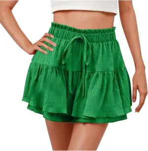 Womens Shorts Trendy Ruffle Hem Tiered Flowy Skorts High Waisted Drawstring Casual Summer Tennis Skirt Shorts 2025