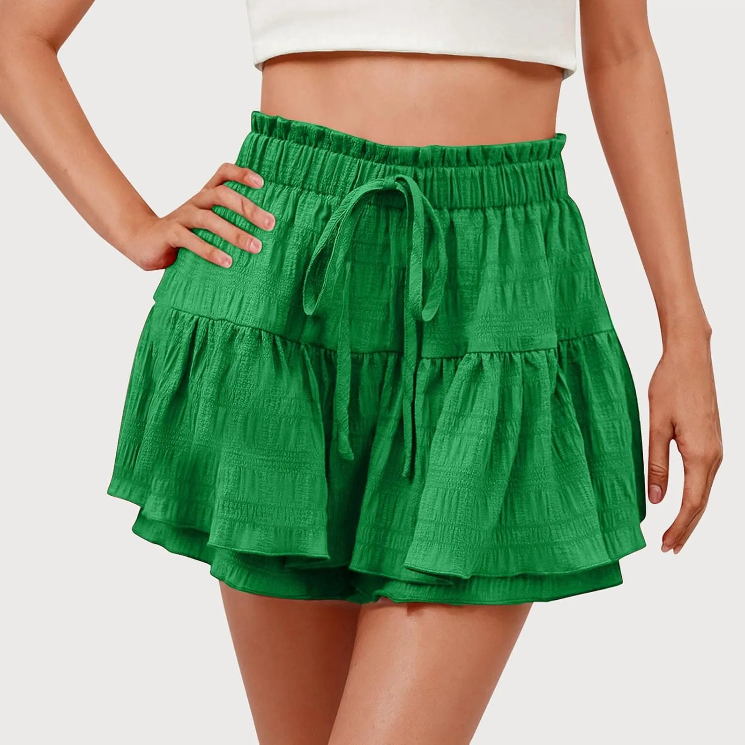 Womens Shorts Trendy Ruffle Hem Tiered Flowy Skorts High Waisted Drawstring Casual Summer Tennis Skirt Shorts 2025