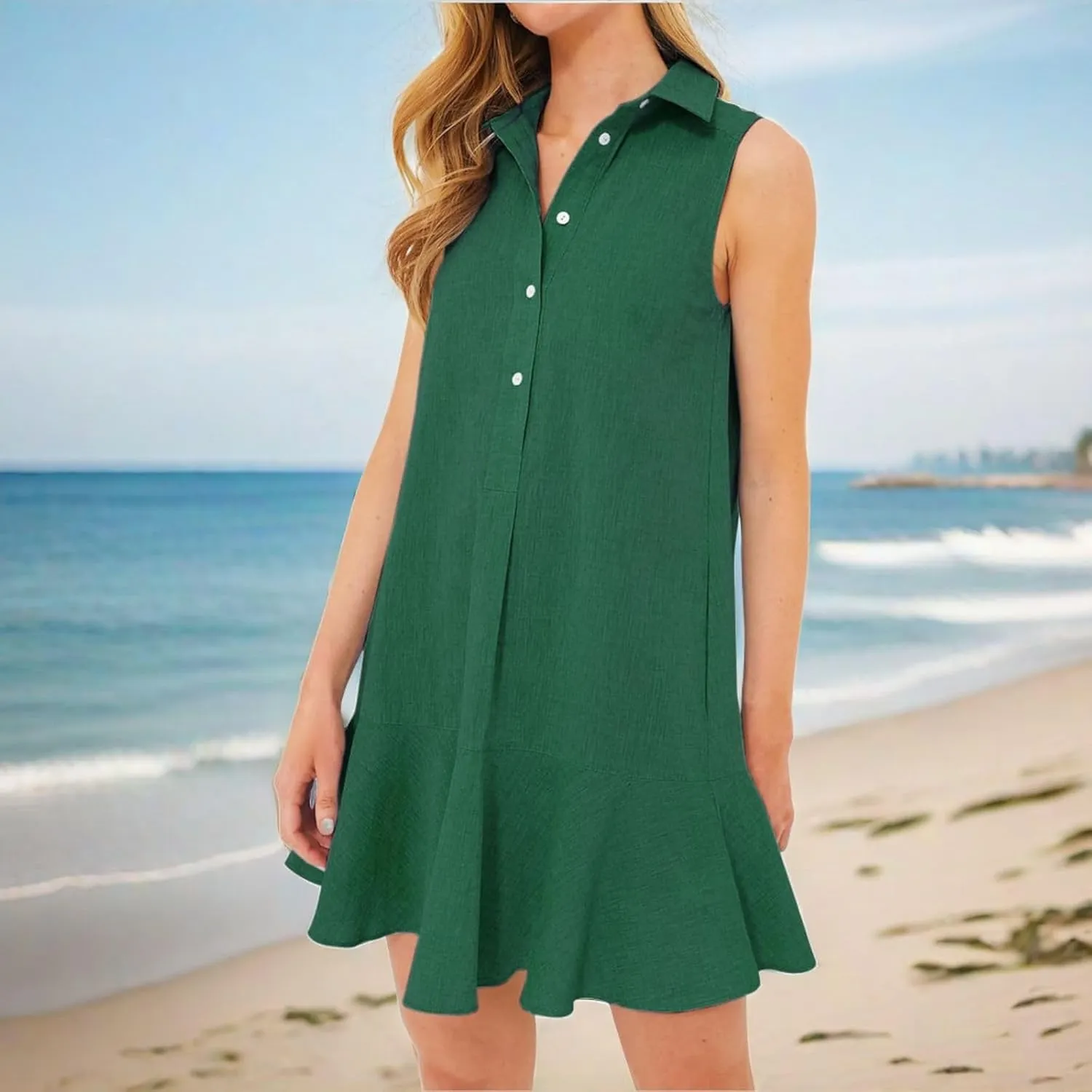 Womens Sleeveless Shirt Dress Lapel Half Nail Buckle Mini Dresses Ruffle Hem Summer Casual Beach Vacation Dress