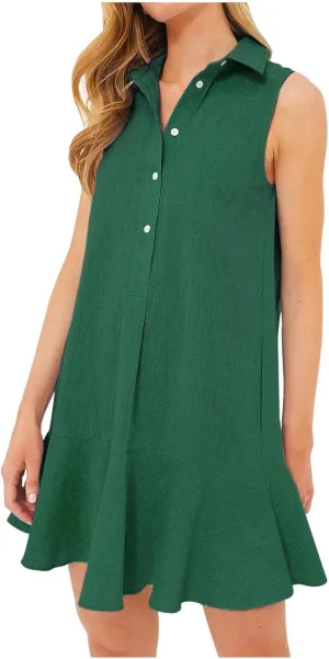 Womens Sleeveless Shirt Dress Lapel Half Nail Buckle Mini Dresses Ruffle Hem Summer Casual Beach Vacation Dress