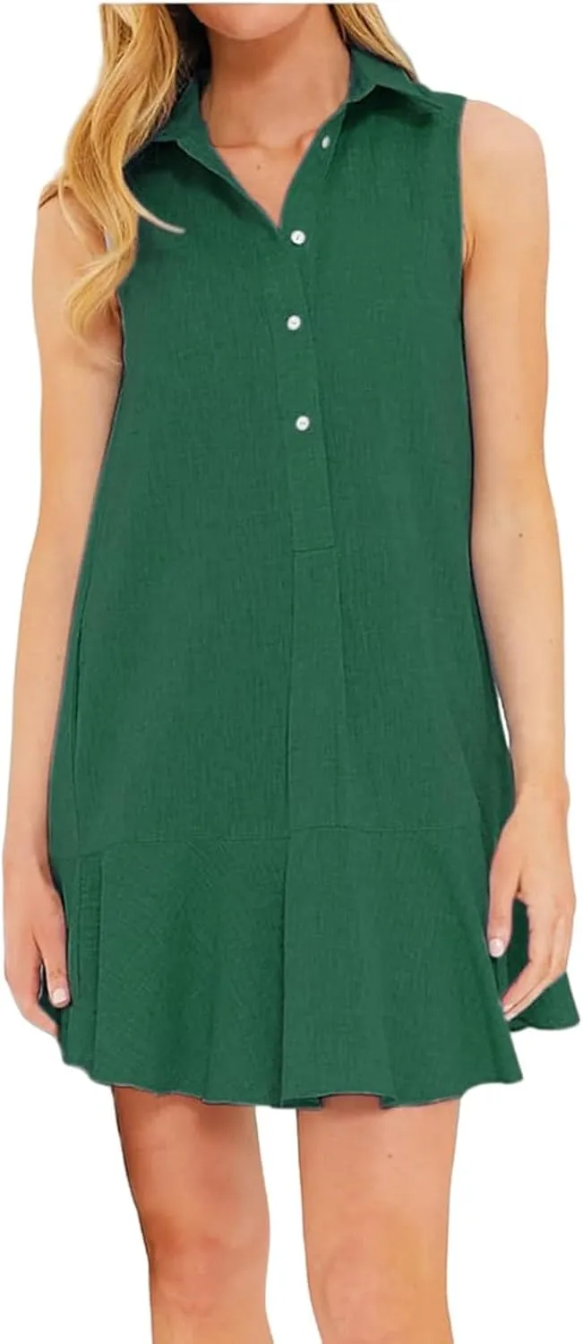 Womens Sleeveless Shirt Dress Lapel Half Nail Buckle Mini Dresses Ruffle Hem Summer Casual Beach Vacation Dress
