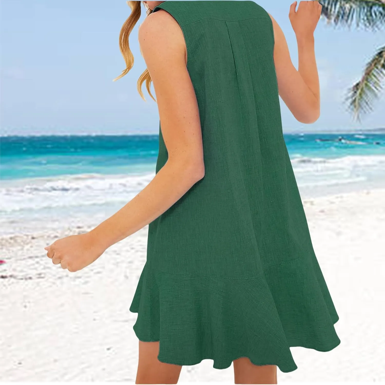 Womens Sleeveless Shirt Dress Lapel Half Nail Buckle Mini Dresses Ruffle Hem Summer Casual Beach Vacation Dress