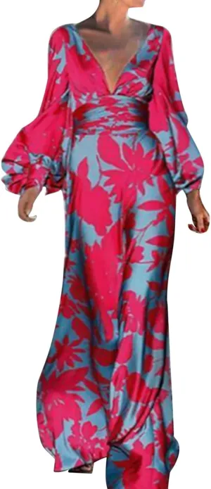 Women's Spring Floral Maxi Long Dress Casual Deep V Neck Long Sleeve Flowy Beach Wedding Guest Vacation Dresses