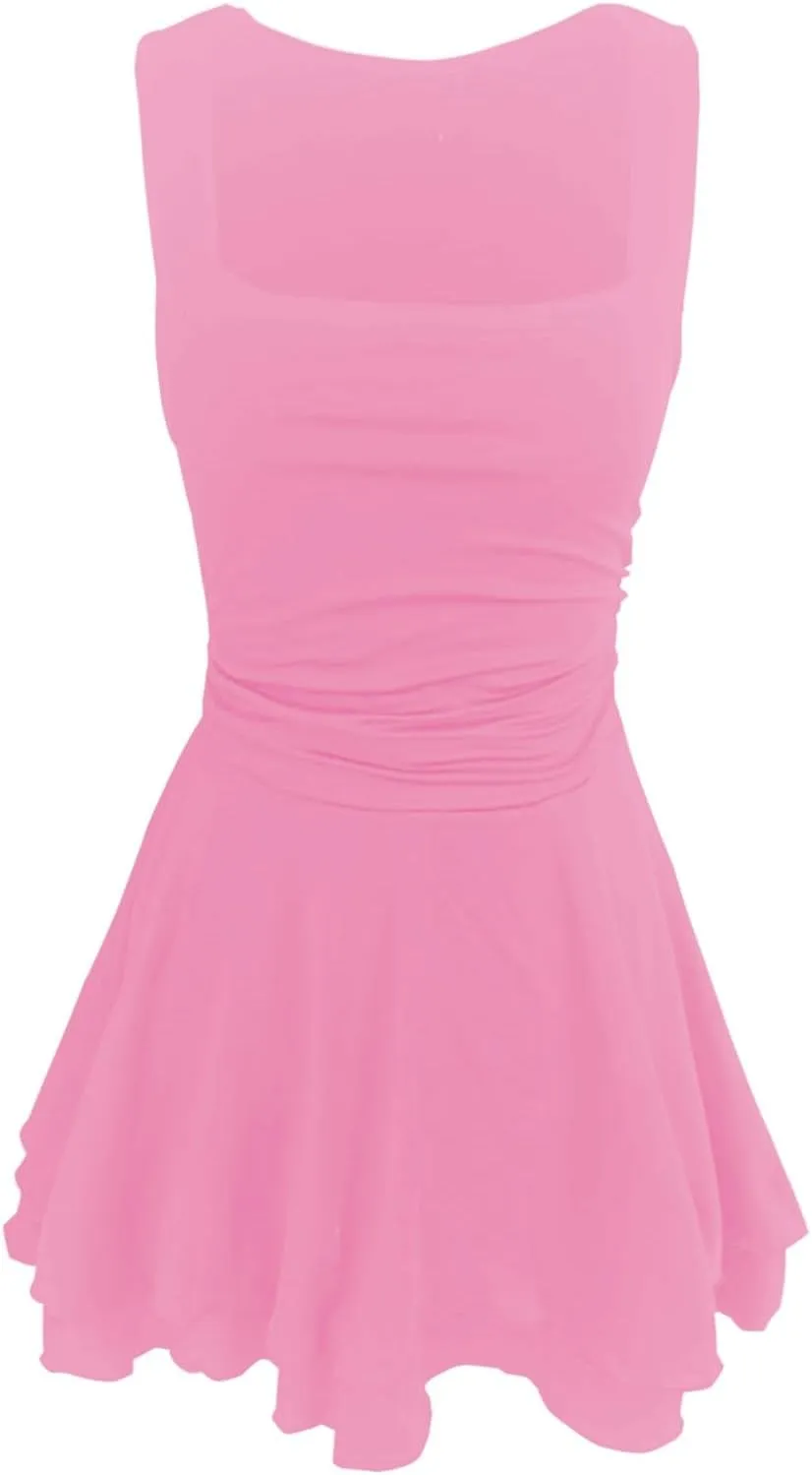 Women's Square Neck Sleeveless Mini Dress Ruched Waist Tiered Ruffle Hem A Line Short Dresses Summer Tank Slim Dress