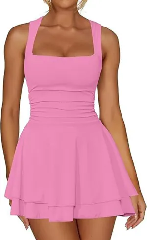 Women's Square Neck Sleeveless Mini Dress Ruched Waist Tiered Ruffle Hem A Line Short Dresses Summer Tank Slim Dress