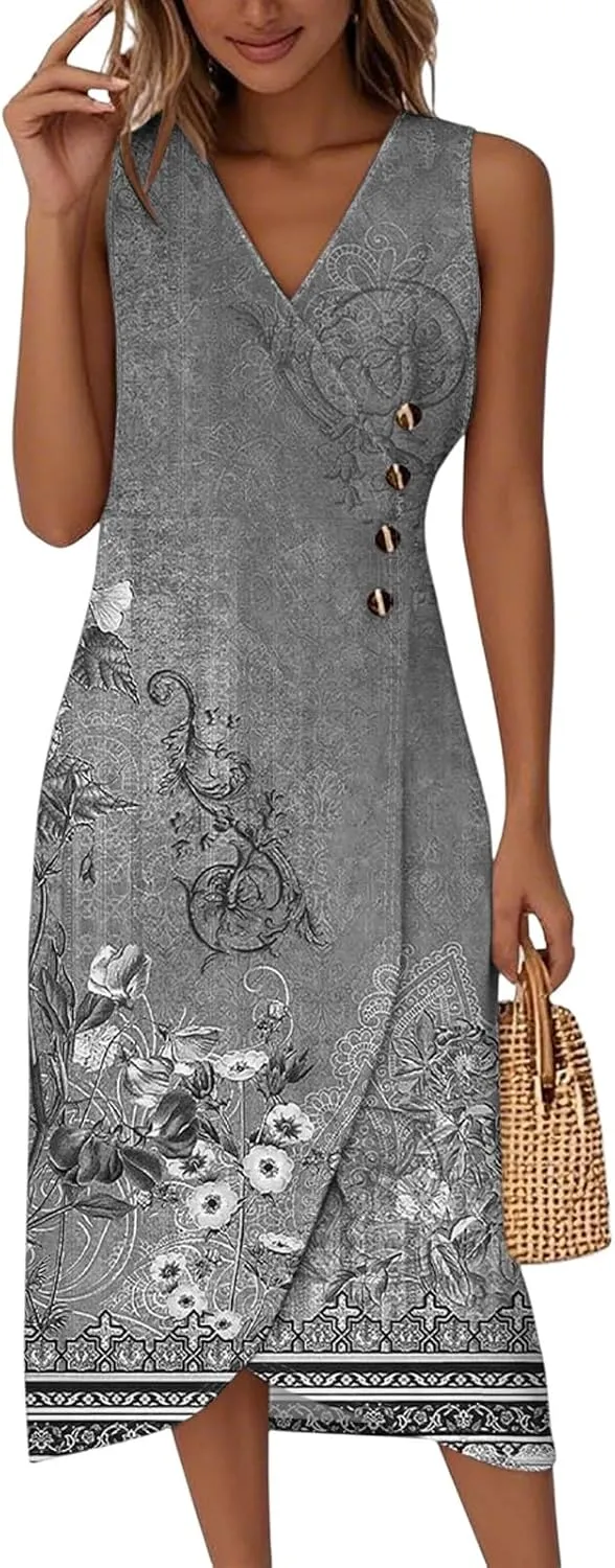 Womens Summer Dresses 2025 Dressy Casual Button V Neck Sleeveless Irregular Hem Long Dress Vacation Outfits