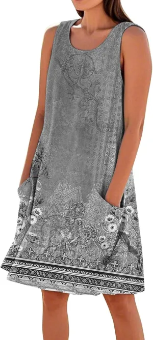 Women's Summer Dresses Sleeveless Round Neck Knee Length Dress Trendy Boho Floral Printed Beach Party Sundresses