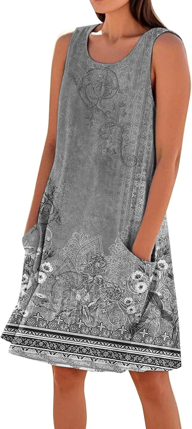 Women's Summer Dresses Sleeveless Round Neck Knee Length Dress Trendy Boho Floral Printed Beach Party Sundresses