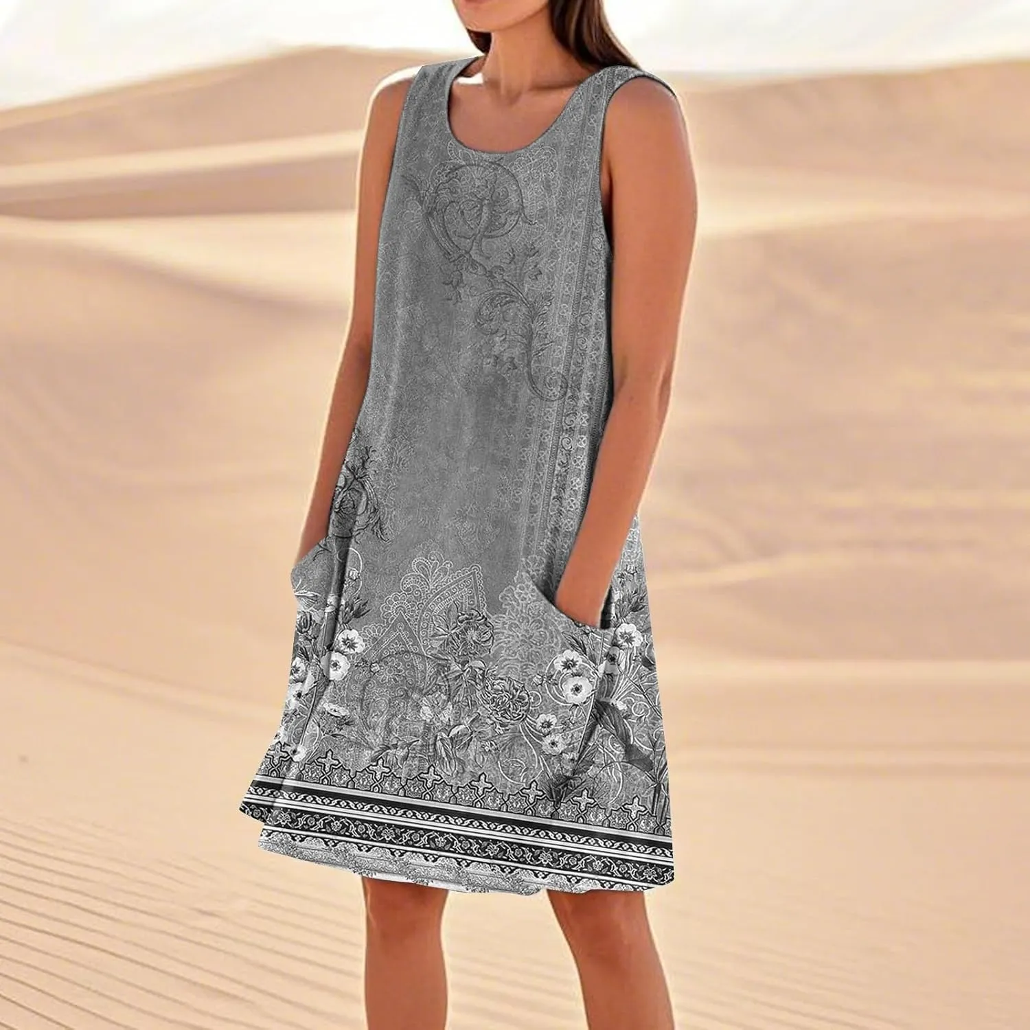 Women's Summer Dresses Sleeveless Round Neck Knee Length Dress Trendy Boho Floral Printed Beach Party Sundresses