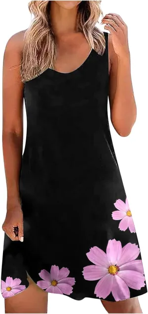 Women's Summer Floral Printed Tank Dress Sleeveless Hollow Out Boho Beach Dress Casual Loose Vacation Sundress