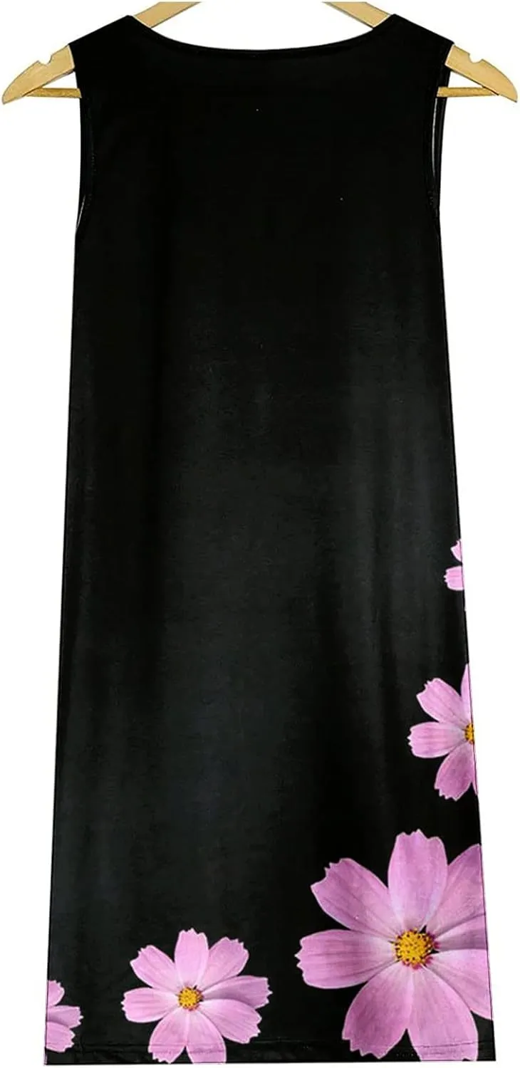 Women's Summer Floral Printed Tank Dress Sleeveless Hollow Out Boho Beach Dress Casual Loose Vacation Sundress