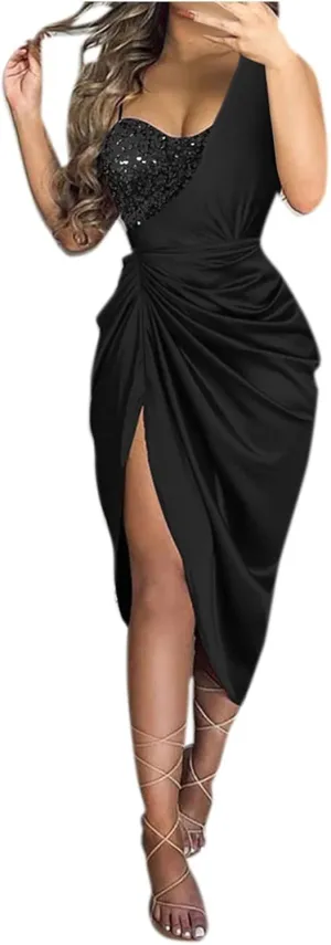 Women's Summer Sexy Elegant Trendy Solid Color Cold Shoulder Sequins Split Party Cocktail Prom Dress 2025, S-3XL