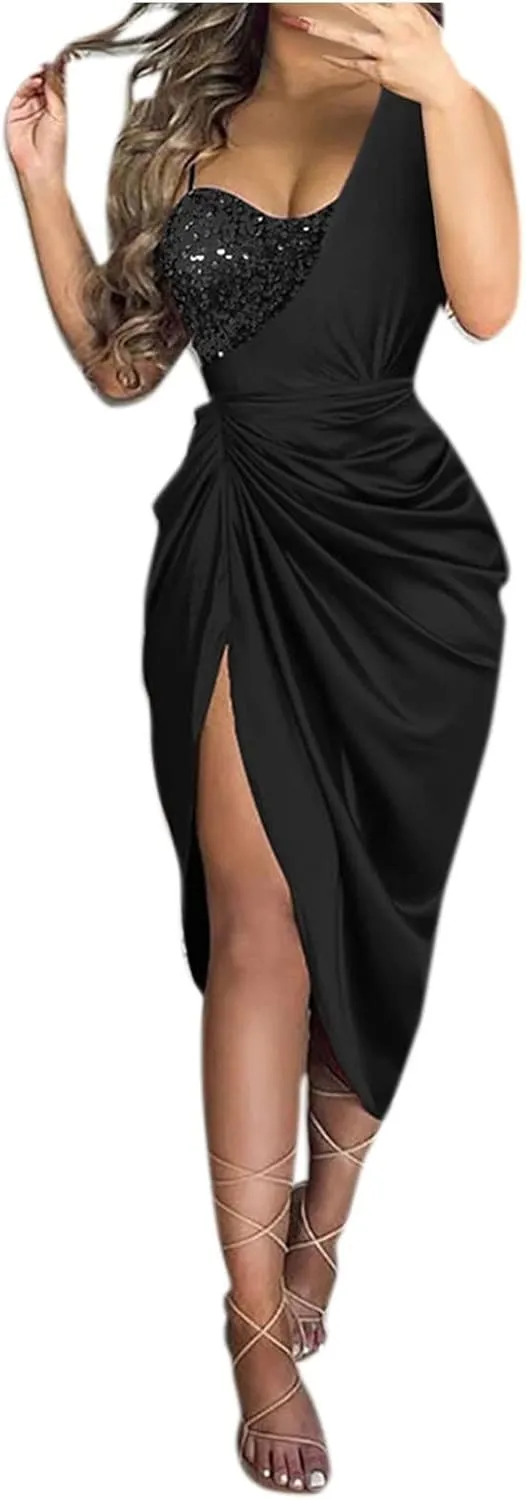 Women's Summer Sexy Elegant Trendy Solid Color Cold Shoulder Sequins Split Party Cocktail Prom Dress 2025, S-3XL